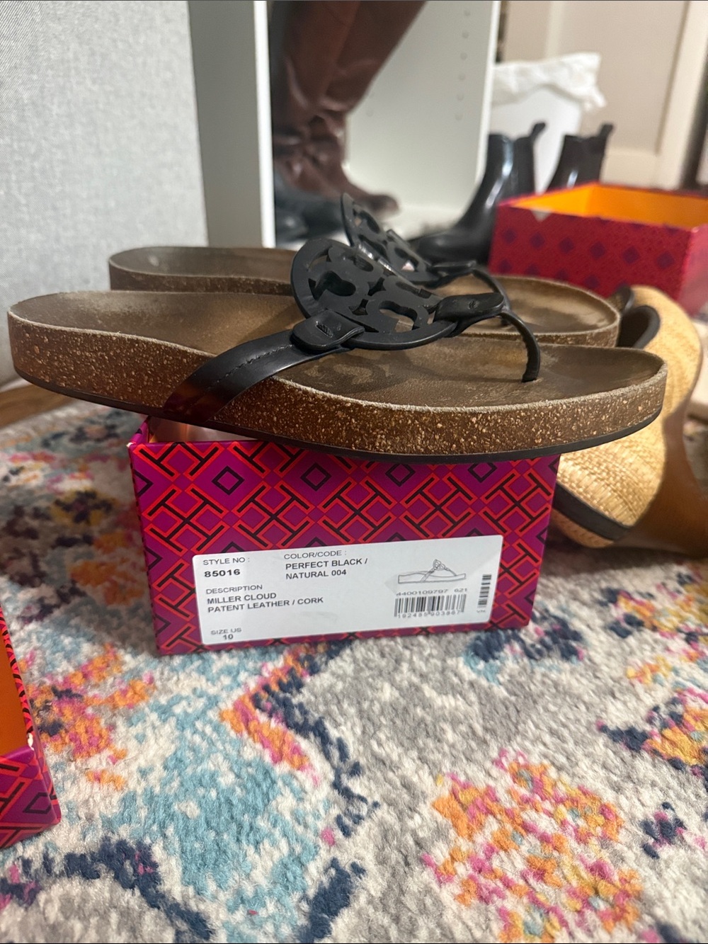Tory Burch Black Patent Leather Miller Cloud Cork Thong Sandals